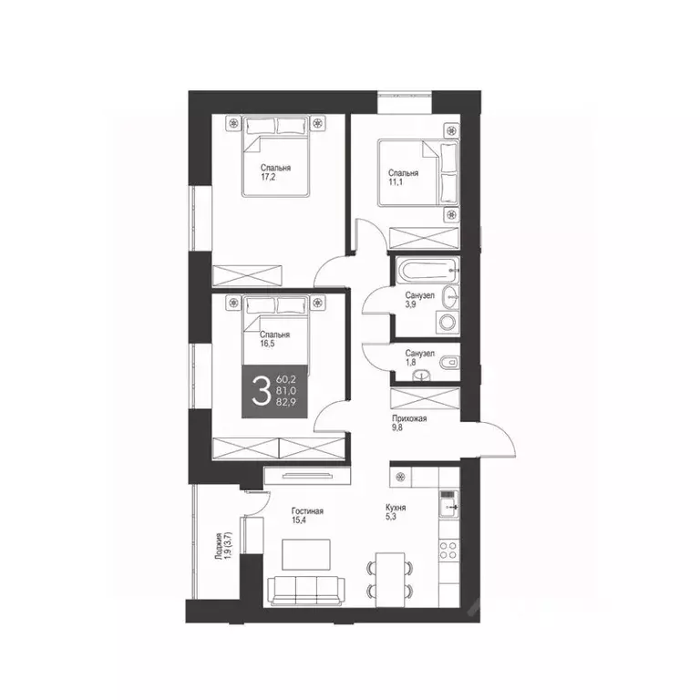 3-к кв. Татарстан, Альметьевск ул. Гафиатуллина, 60 (82.9 м) - Фото 0