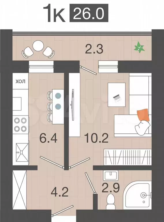 1-к. квартира, 26 м, 1/4 эт. - Фото 1