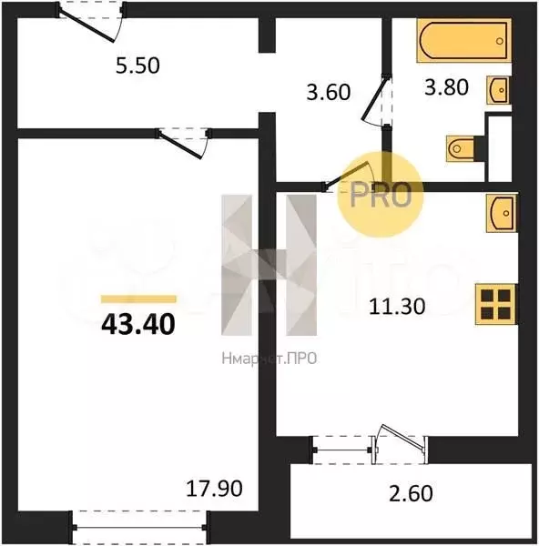 1-к. квартира, 43,4 м, 11/15 эт. - Фото 1