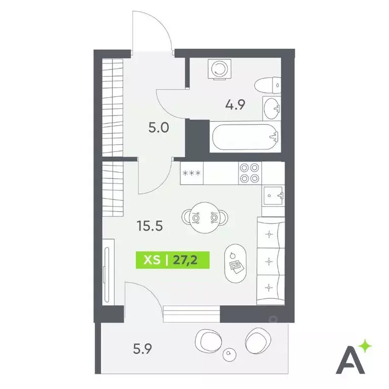 Квартира, студия, 27.2 м - Фото 1