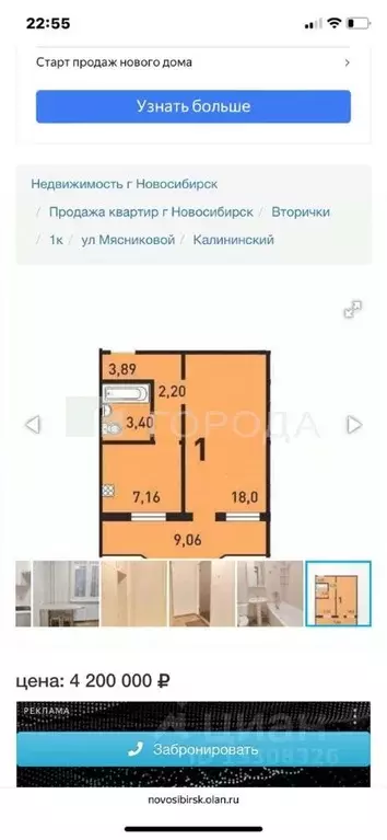 1-к кв. Новосибирская область, Новосибирск ул. Мясниковой, 20 (34.4 м) - Фото 1