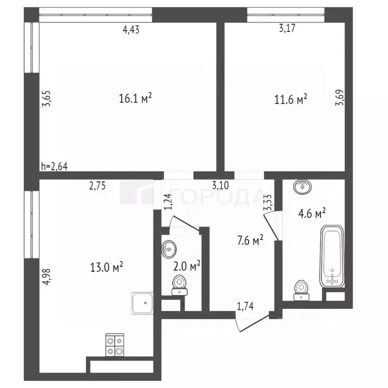 2-к кв. Новосибирская область, Новосибирск ул. Королева, 1Б (54.9 м) - Фото 1