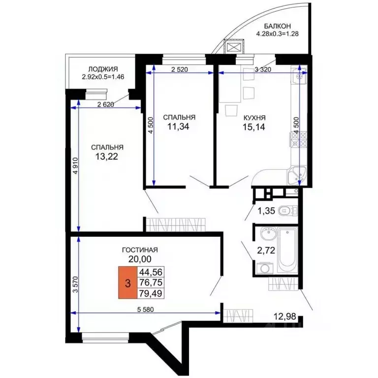 3-к кв. Адыгея, Майкоп Степная ул., 255с2 (79.49 м) - Фото 1