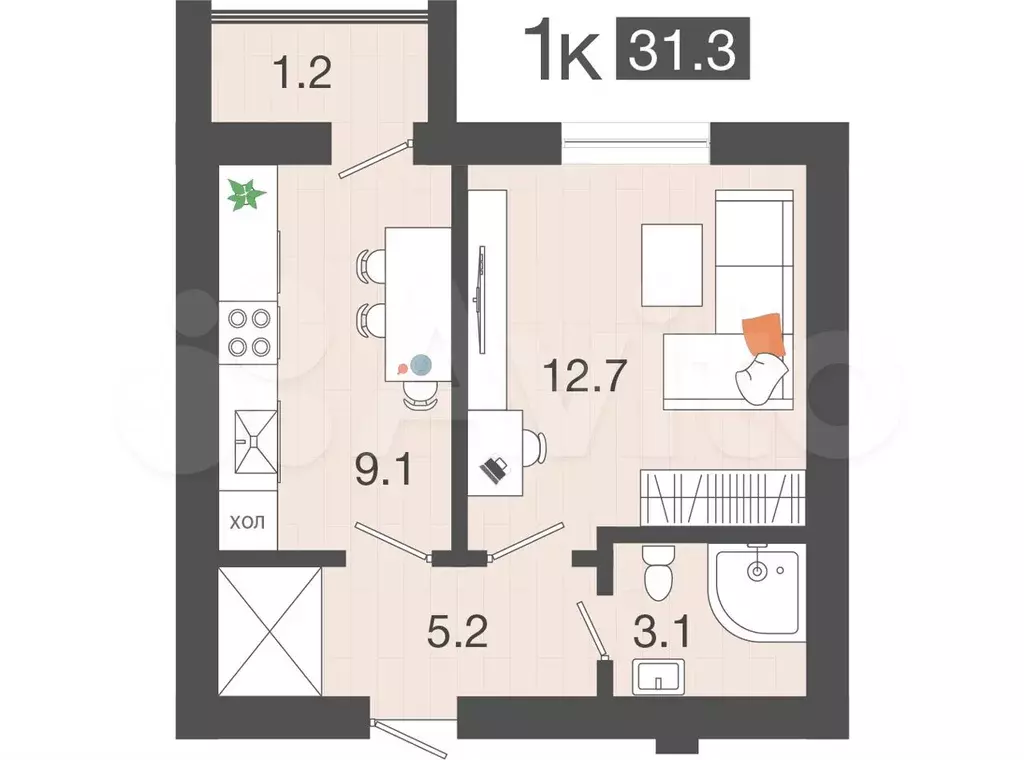 1-к. квартира, 31,3 м, 4/4 эт. - Фото 0