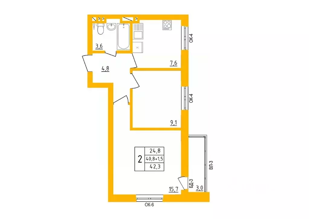 2-к кв. Башкортостан, Уфа ул. имени Фронтовых Бригад, 15/1 (42.1 м) - Фото 1
