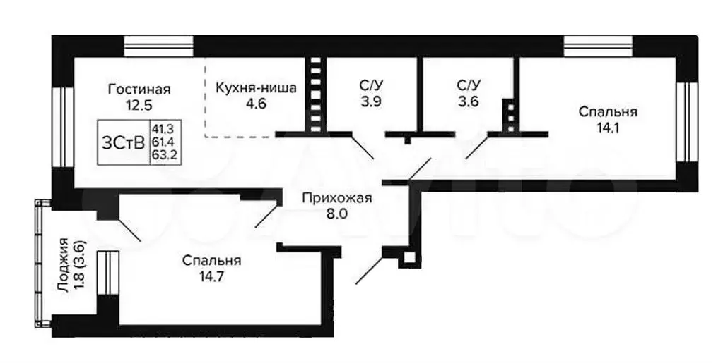 3-к. квартира, 63,2 м, 4/11 эт. - Фото 0