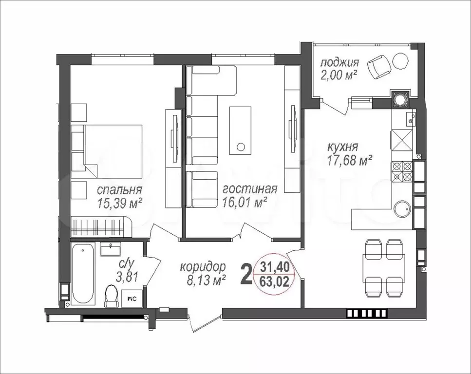 2-к. квартира, 63 м, 6/8 эт. - Фото 0