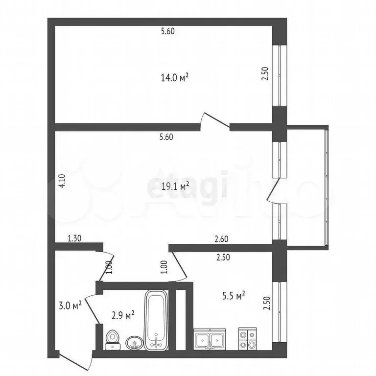 2-к. квартира, 44,5 м, 2/5 эт. - Фото 0