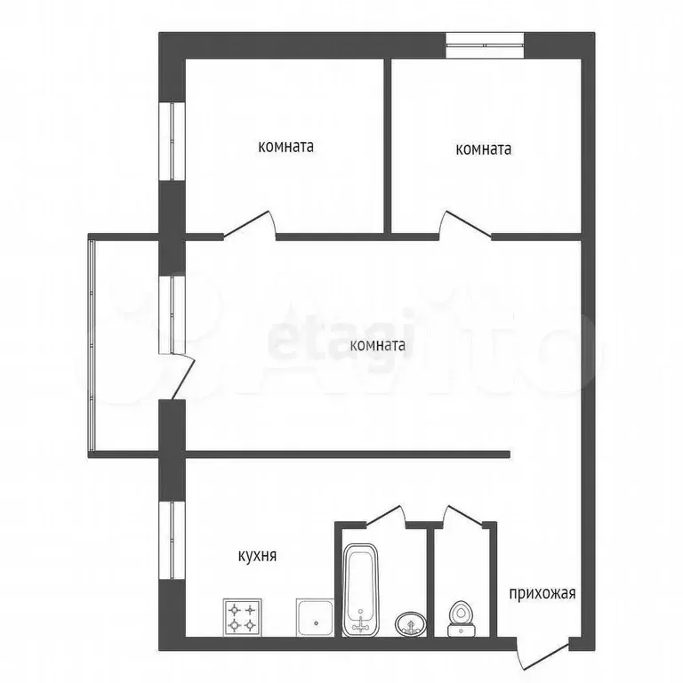 3-к. квартира, 48,3 м, 5/9 эт. - Фото 0