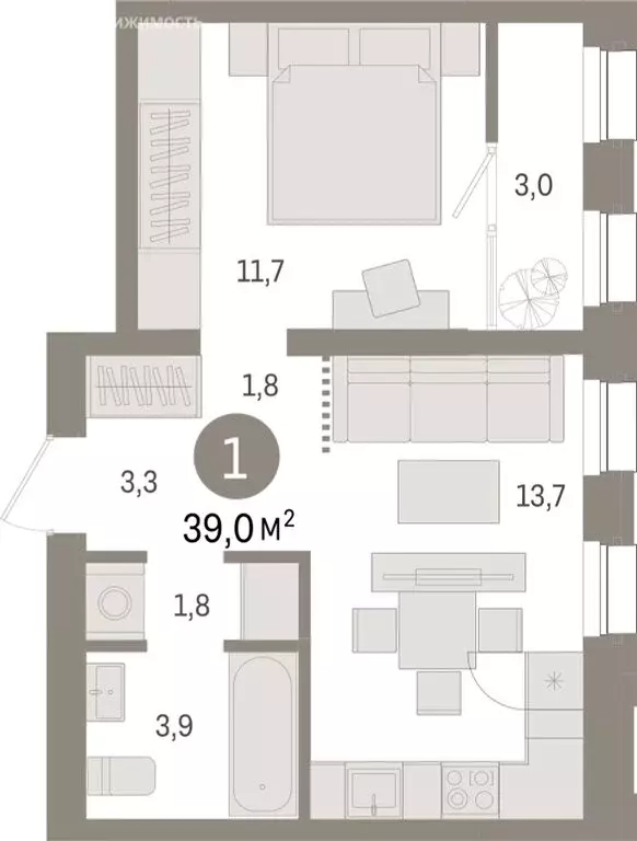 1-комнатная квартира: Тюмень, Мысовская улица, 26к1 (39.03 м) - Фото 1