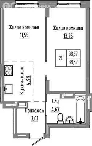 2-комнатная квартира: Краснообск, жилой комплекс Базилик (38.57 м) - Фото 1