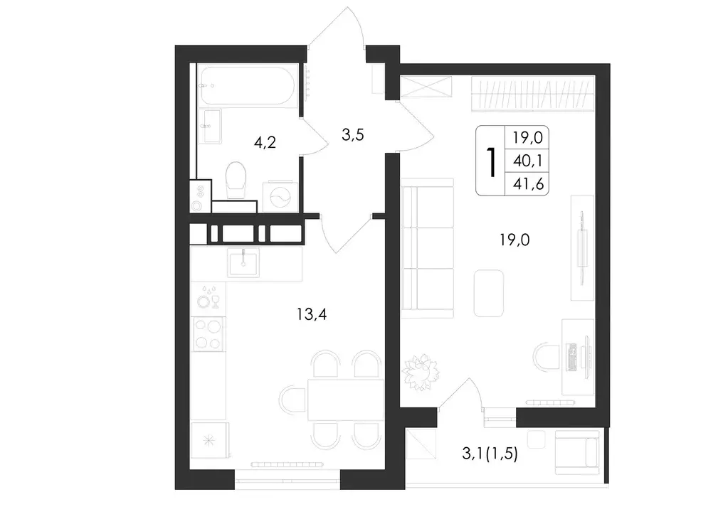 1-к квартира, 41.6 м - Фото 1