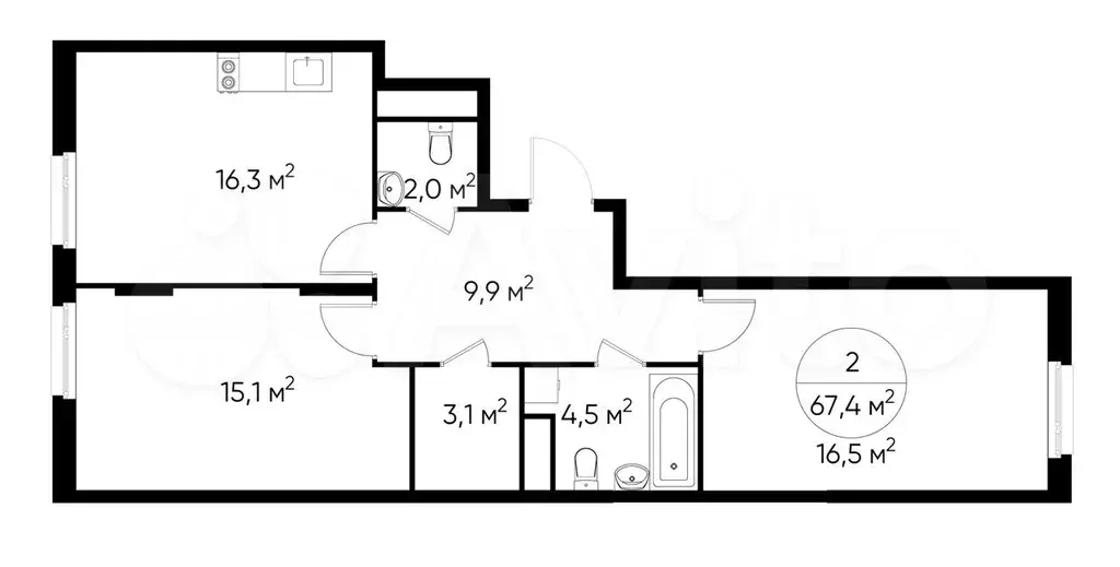 2-к. квартира, 67,4 м, 15/17 эт. - Фото 0
