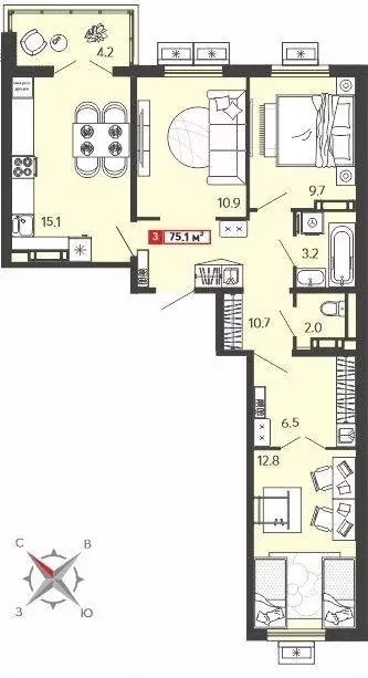 Квартира, 3 комнаты, 75.09 м - Фото 0