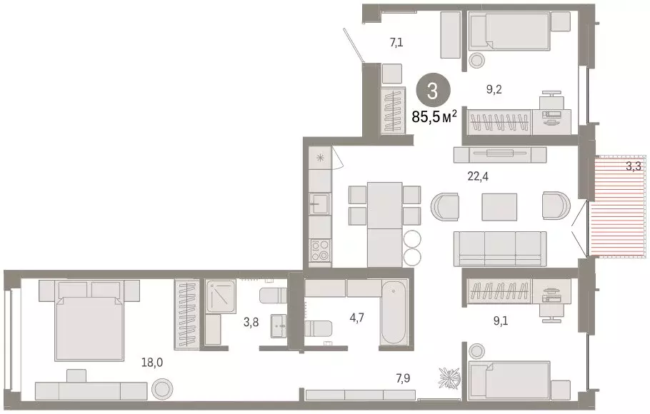 3-комнатная квартира: Тюмень, улица Республики, 205к2 (85.5 м) - Фото 2