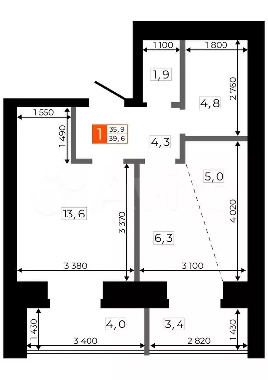 1-к. квартира, 39,4 м, 9/9 эт. - Фото 0