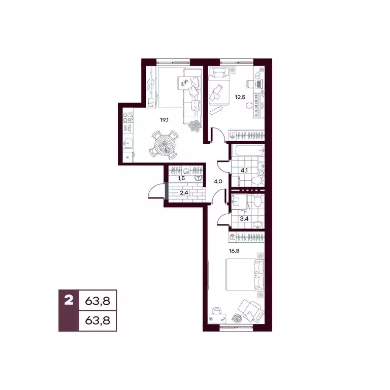 2-комнатная квартира: Дударева, ЖК Макс (63.86 м) - Фото 1
