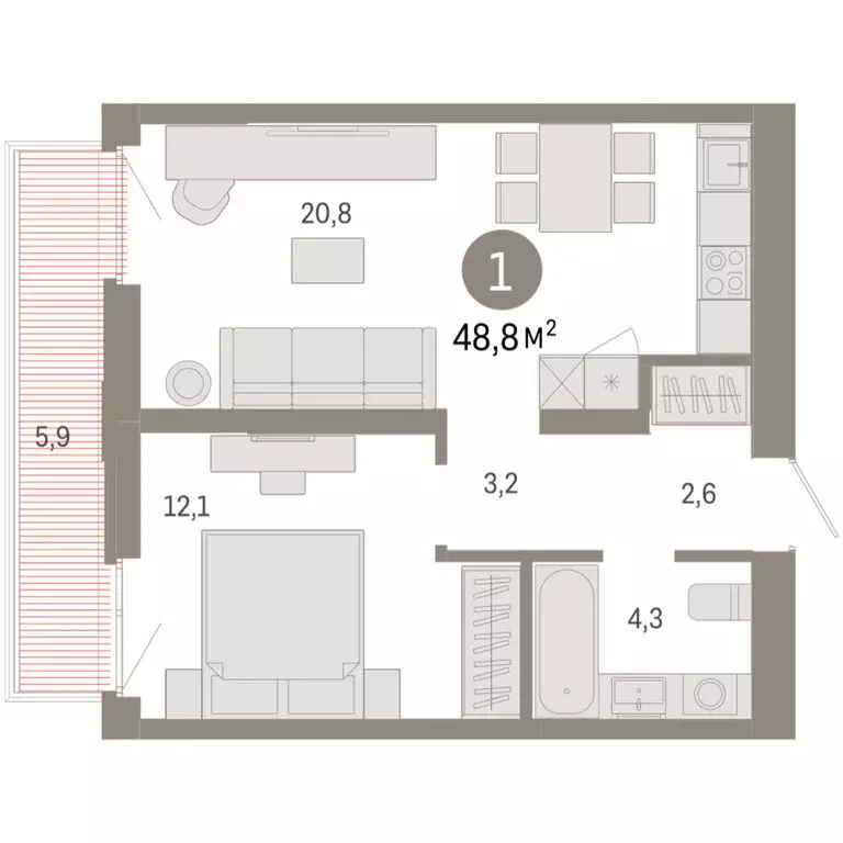 1-комнатная квартира: Тюмень, улица Республики, 205к3 (48.75 м) - Фото 2