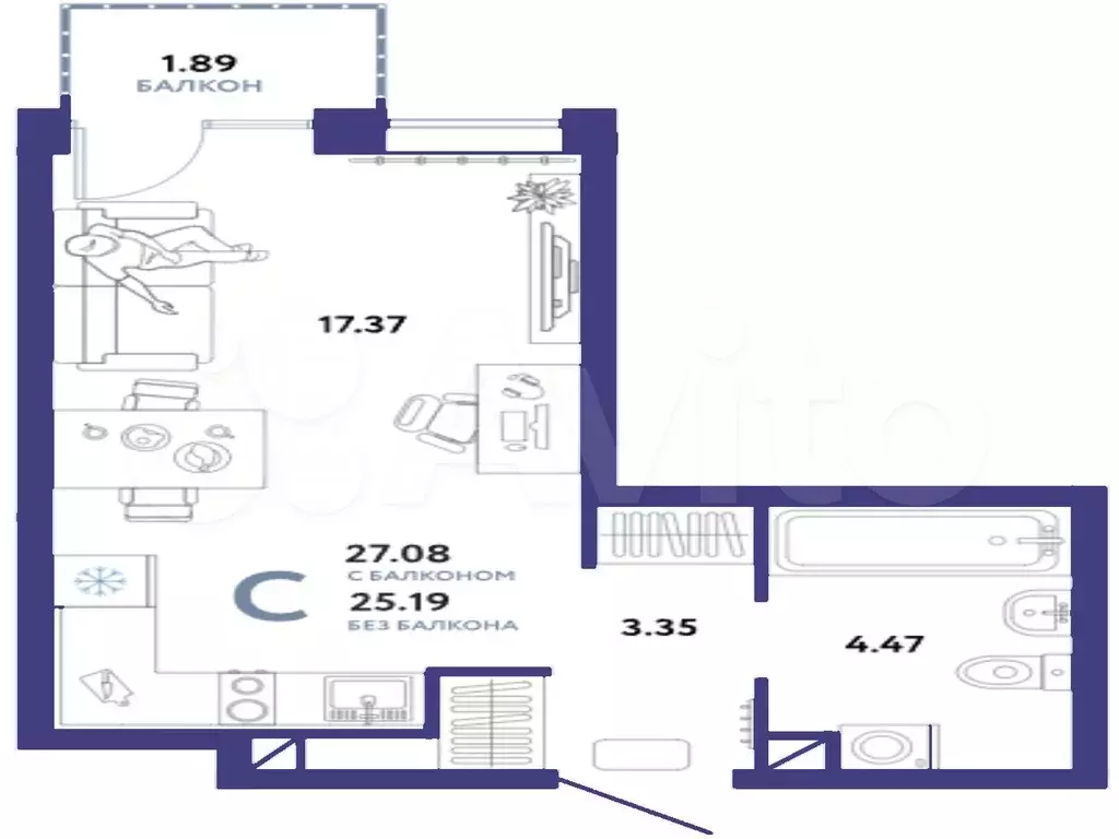 Квартира-студия, 27,1 м, 3/15 эт. - Фото 1