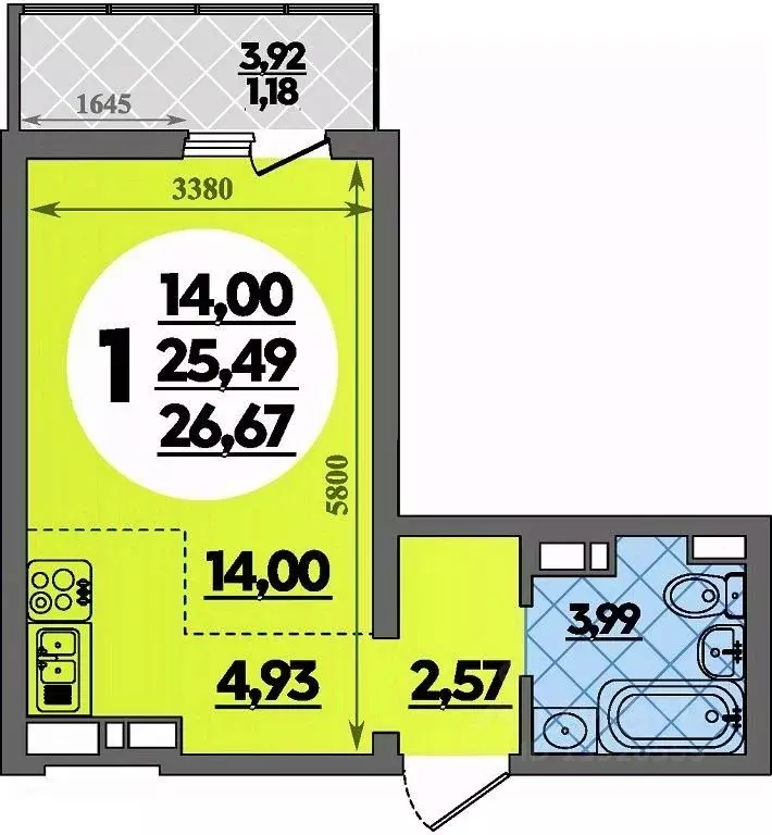 Студия Адыгея, Майкоп ул. Владимира Жоги, 4 (26.67 м) - Фото 1