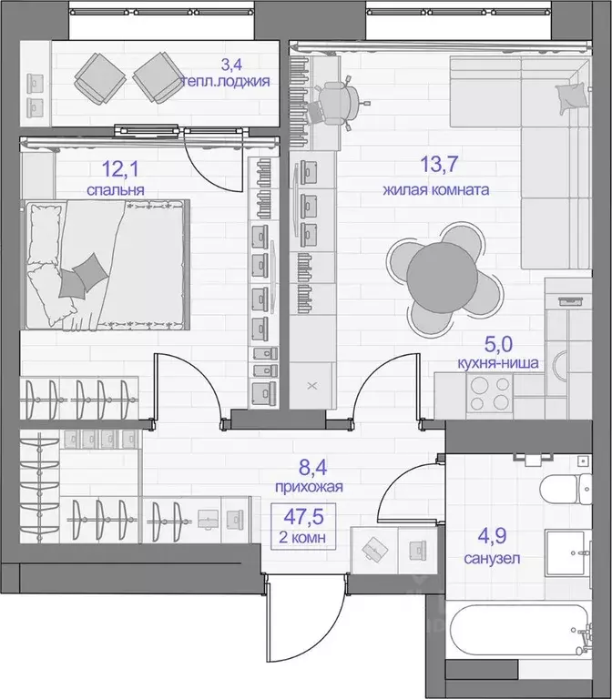 2-к кв. Красноярский край, Красноярск ул. Апрельская, 9А (47.5 м) - Фото 1