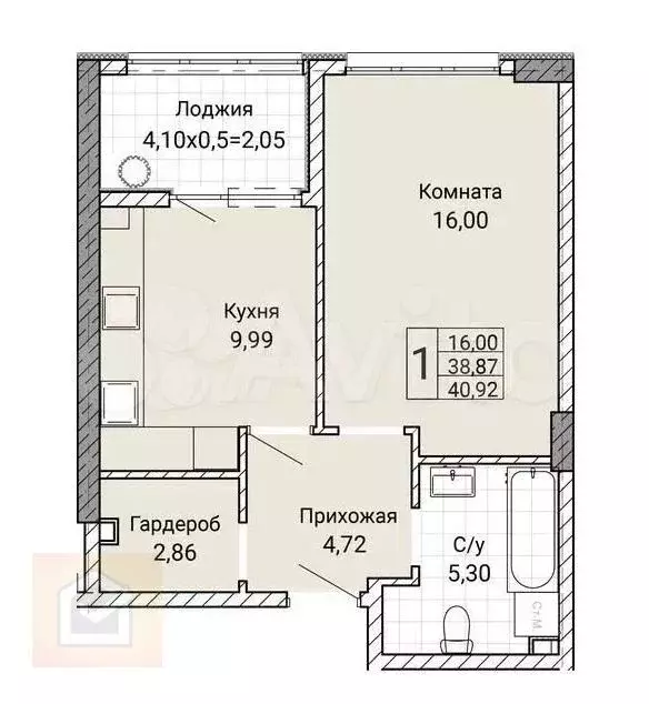 1-к. квартира, 40,9 м, 2/9 эт. - Фото 0