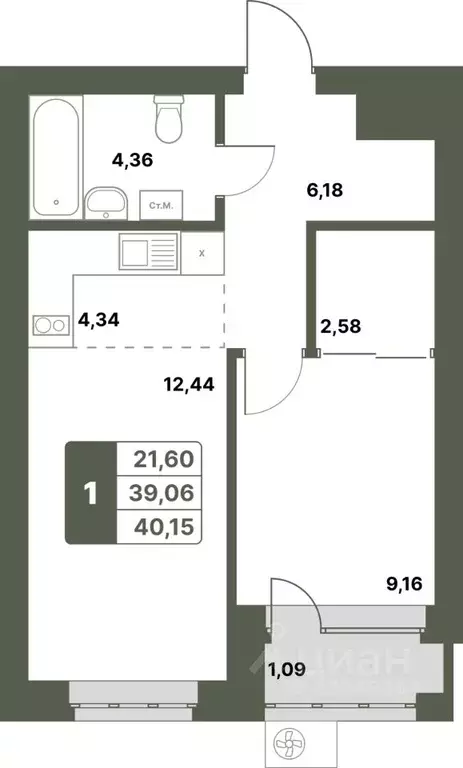 1-к кв. Башкортостан, Уфимский район, с. Миловка  (40.15 м) - Фото 1