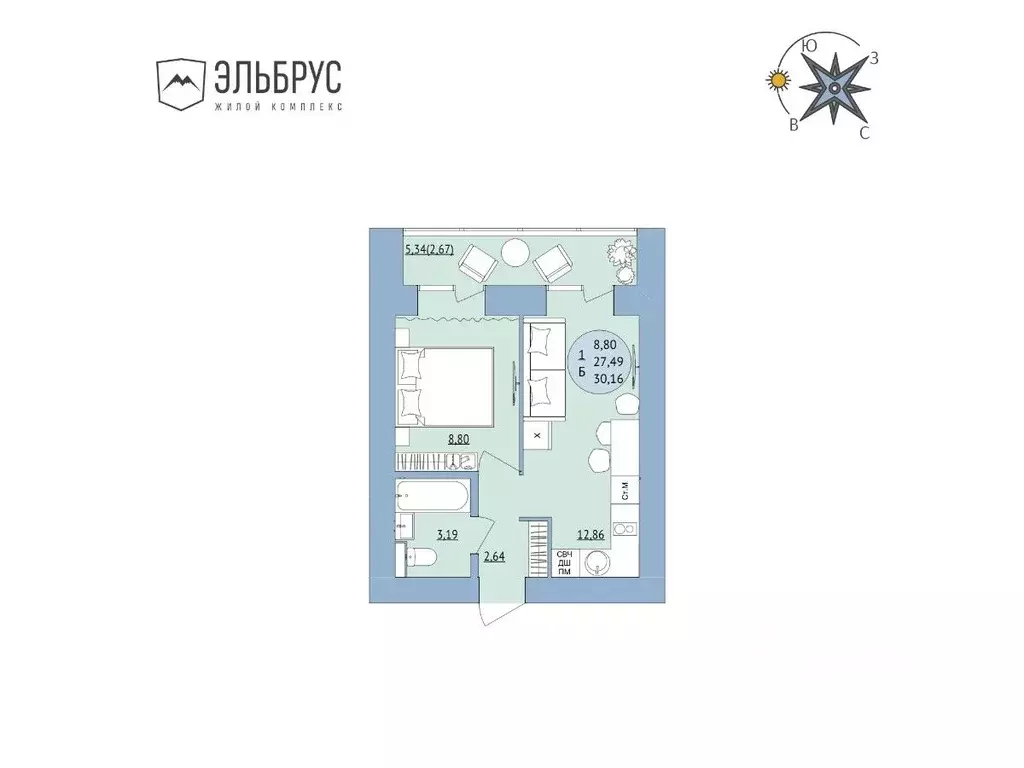 1-к кв. Башкортостан, Уфа Кавказская ул., 24 (30.16 м) - Фото 1