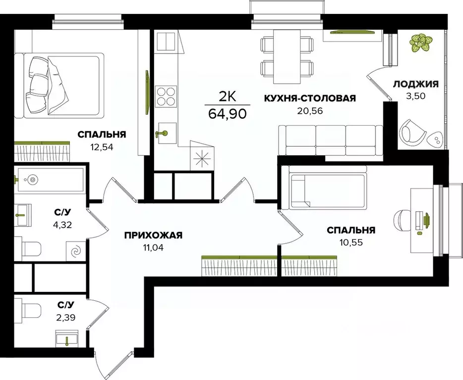 2-к кв. Тульская область, Тула  (64.9 м) - Фото 0