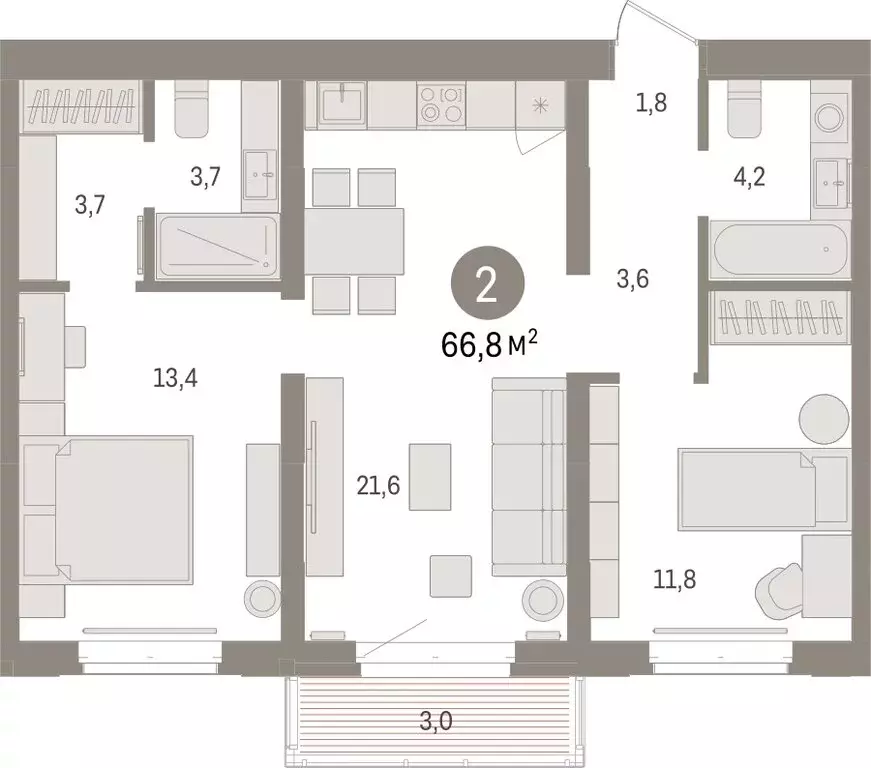 2-комнатная квартира: Тюмень, жилой комплекс На Минской (66.79 м) - Фото 1