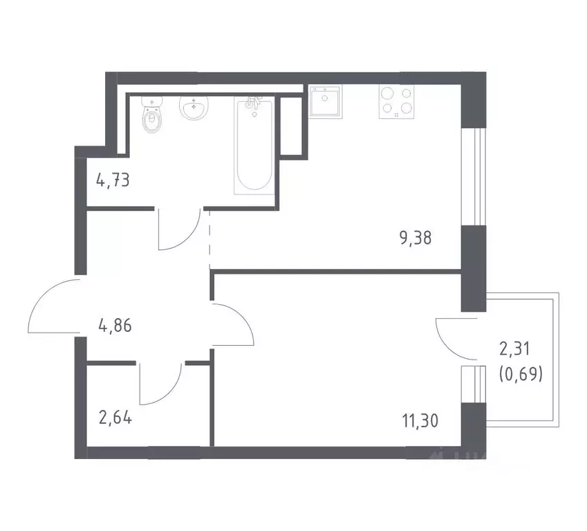 Квартира, 1 комната, 33.6 м - Фото 1