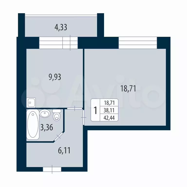 1-к. квартира, 42,4 м, 1/4 эт. - Фото 1