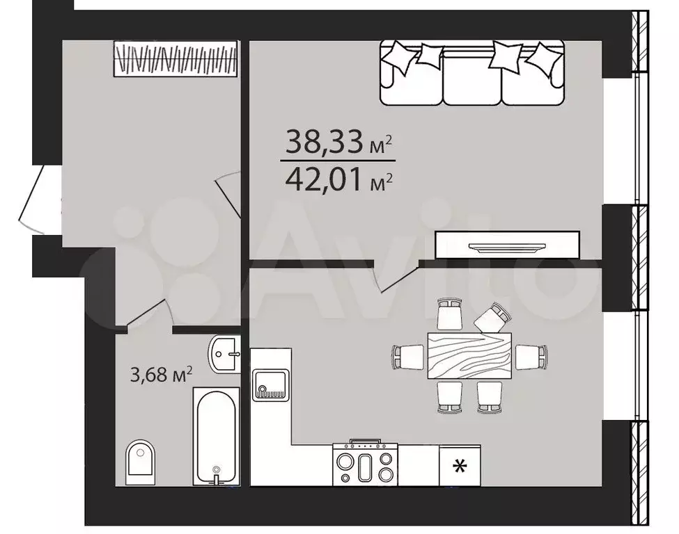 Квартира-студия, 42 м, 2/6 эт. - Фото 1