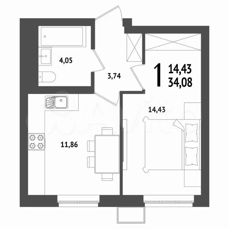 1-к. квартира, 34,5 м, 14/25 эт. - Фото 1
