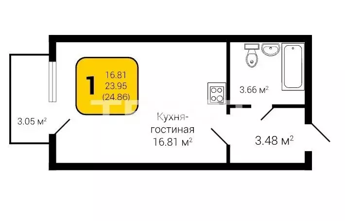 Квартира-студия: село Новая Усмань, Полевая улица, 22А/4 (24.1 м) - Фото 1