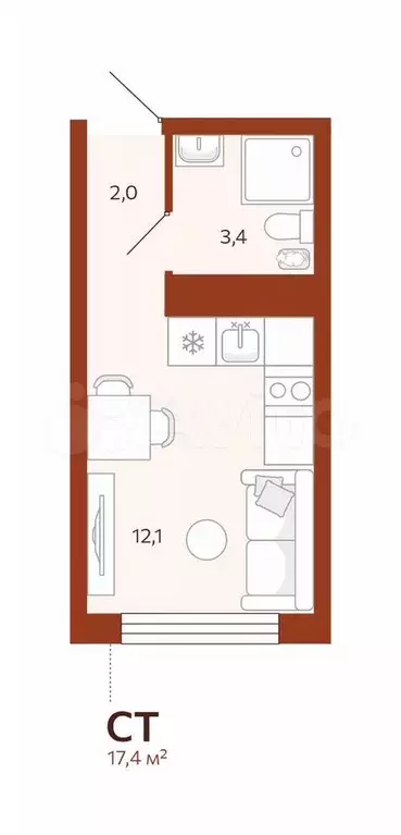 Квартира-студия, 17,4 м, 3/14 эт. - Фото 0