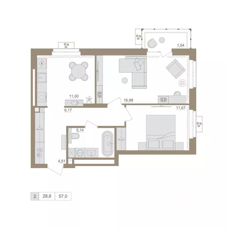 2-к кв. Башкортостан, Уфа бул. Яркий (56.29 м) - Фото 1