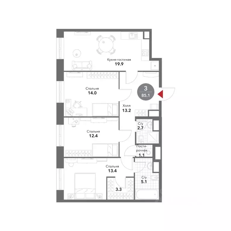 3-к кв. Москва Воксхолл жилой комплекс (85.2 м) - Фото 1