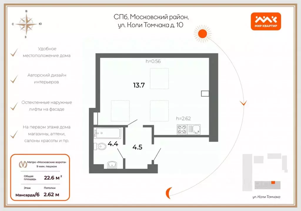 Студия Санкт-Петербург ул. Коли Томчака, 10 (22.0 м) - Фото 1