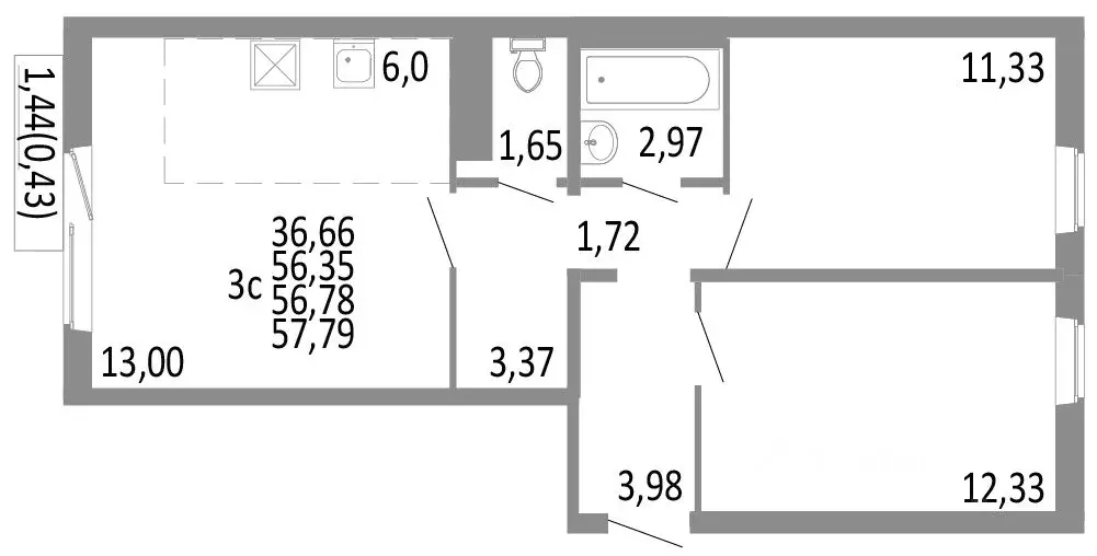 3-к кв. Челябинская область, Челябинск ул. Блюхера, 125Б (56.78 м) - Фото 0