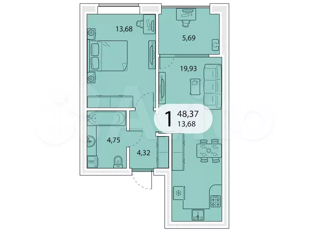 1-к. квартира, 48,4 м, 4/5 эт. - Фото 1