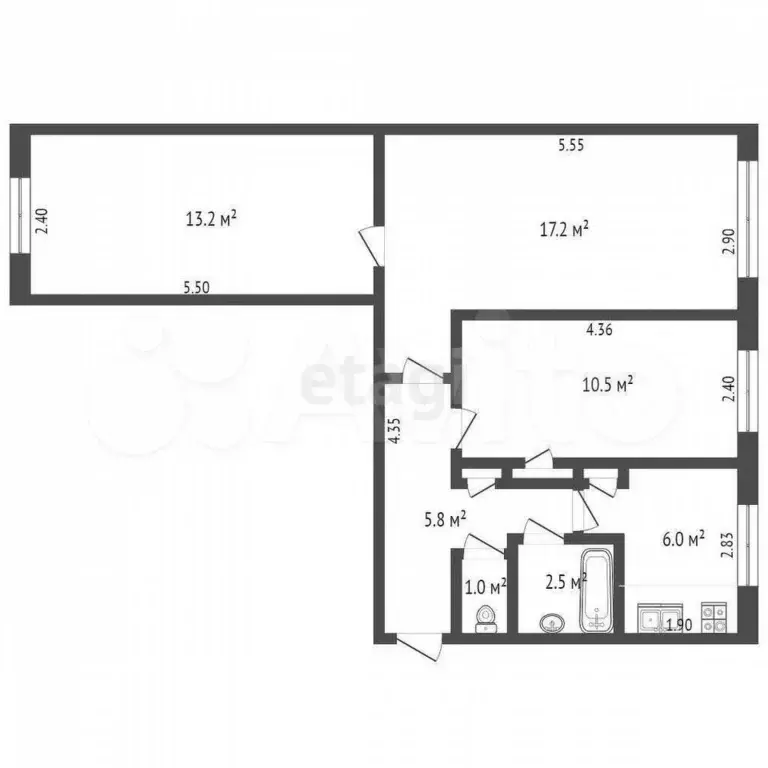 3-к. квартира, 57,4 м, 1/4 эт. - Фото 0