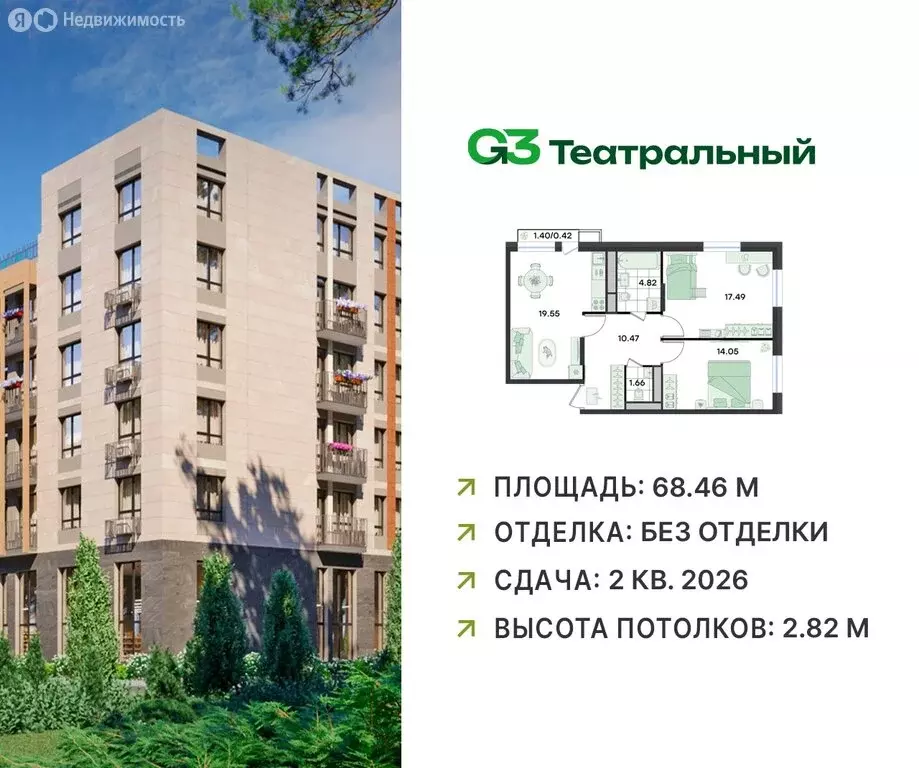 2-комнатная квартира: Ильинский, жилой комплекс Джи3 Театральный, к2 ... - Фото 0
