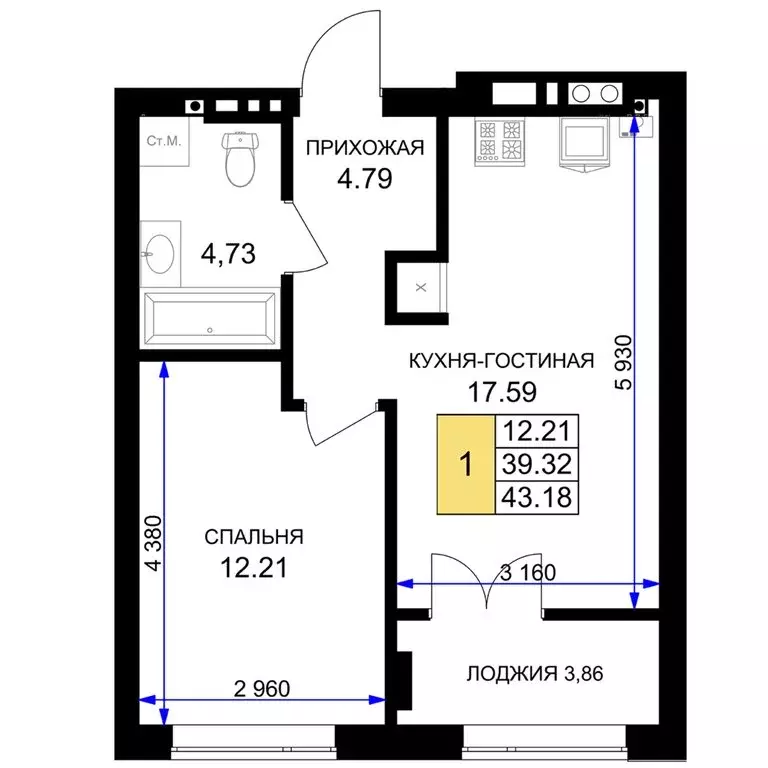 1-комнатная квартира: Гурьевск, жилой комплекс Включи (43.18 м) - Фото 0