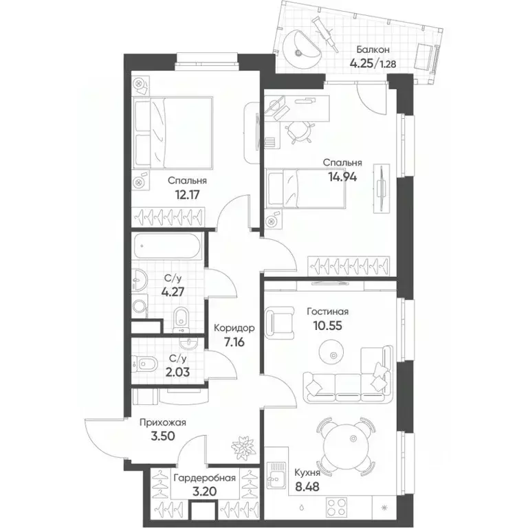 3-к кв. Татарстан, Казань Счастье в Казани жилой комплекс (67.6 м) - Фото 1