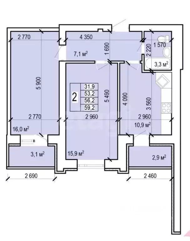 2-к кв. Саратовская область, Энгельс Новобазарная ул., 1 (57.4 м) - Фото 2