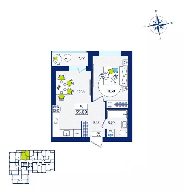 1-к кв. Калининградская область, Зеленоградск  (35.09 м) - Фото 1