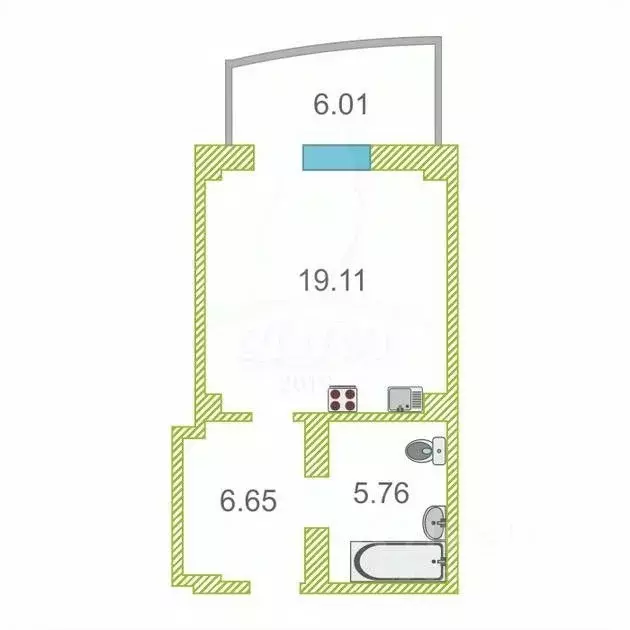 Студия Тюменская область, Тюмень ул. Федюнинского, 64 (31.0 м) - Фото 2