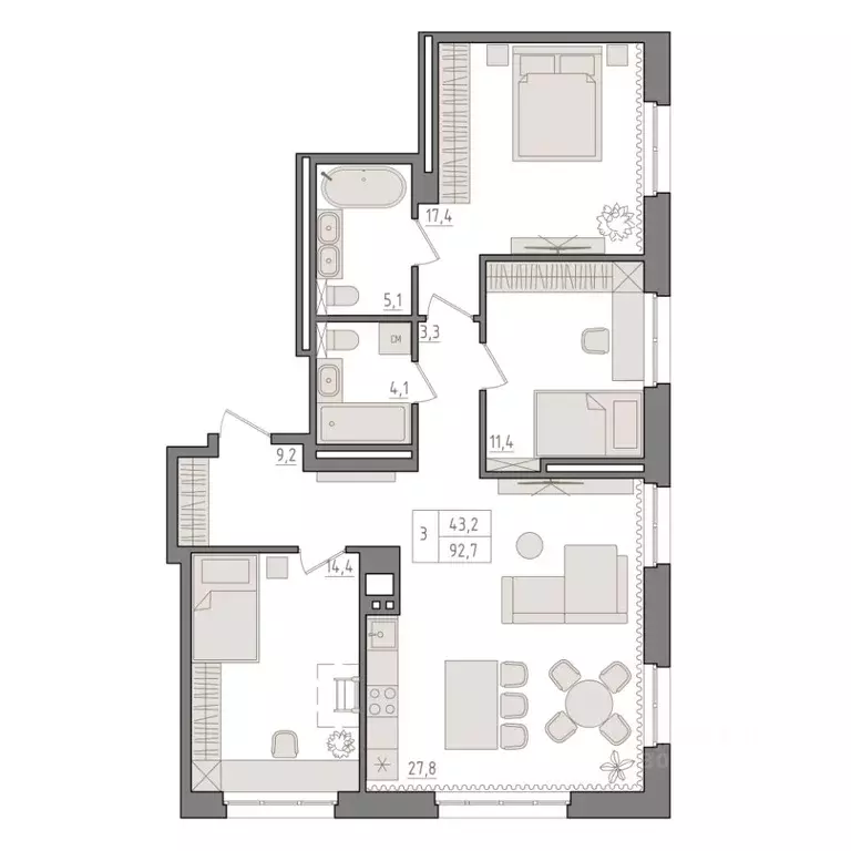 3-к кв. Башкортостан, Уфа 563-й кв-л,  (92.7 м) - Фото 1