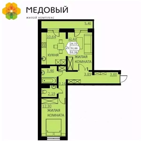 2-к кв. Пермский край, д. Кондратово ул. Г.Н. Нифантова, 4А (51.8 м) - Фото 0